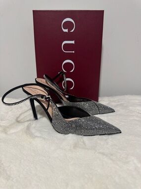 Gucci Black Crystal-Studded Pointed Slingback Heels